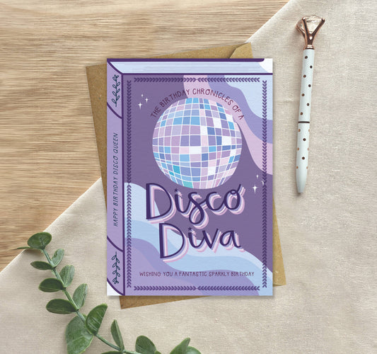 Disco Diva Birthday Card – Book Cover Style with Lilac Disco Ball