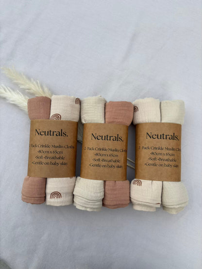 2-Pack Neutral Baby Muslin Cloths – Choose Your Colour Combo (Terracotta, Beige, Rainbow)