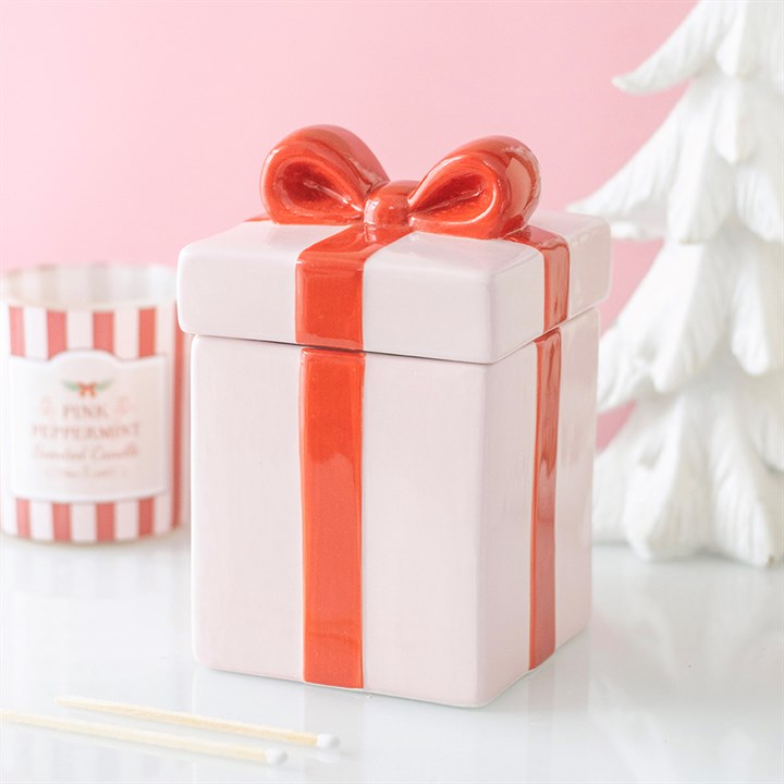 Pink Present Christmas Oil Burner | Gift Box Ceramic Fragrance Burner
