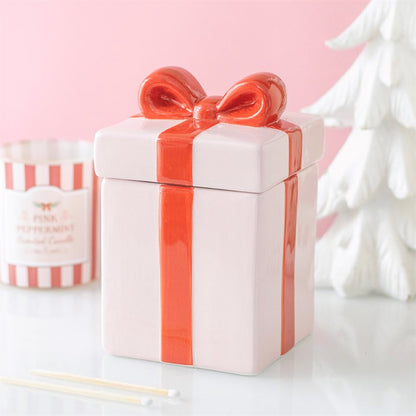 Pink Present Christmas Oil Burner | Gift Box Ceramic Fragrance Burner