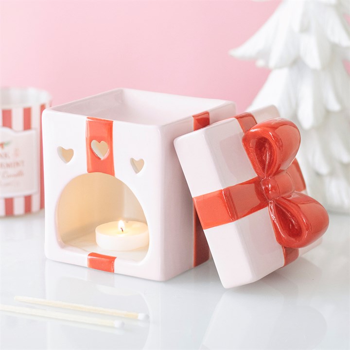 Pink Present Christmas Oil Burner | Gift Box Ceramic Fragrance Burner