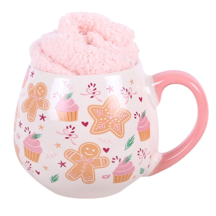 Gingerbread Mug & Pink Fluffy Socks Gift Set – 500ml