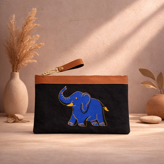 Elephant Punch Needle Flat Clutch Bag Black