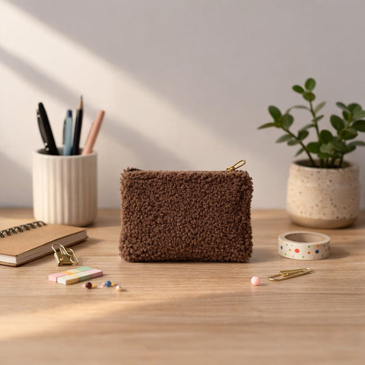 Handmade Teddy Pouch – Plush Makeup & Travel Bag Brown
