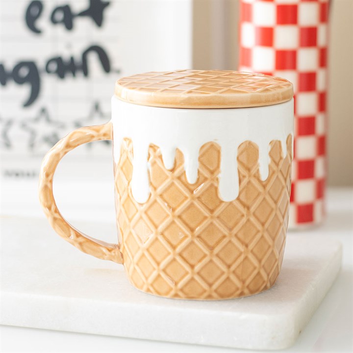 Waffle Mug & Coaster Set | Ceramic Coffee Mug with Lid & Coaster