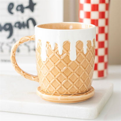 Waffle Mug & Coaster Set | Ceramic Coffee Mug with Lid & Coaster
