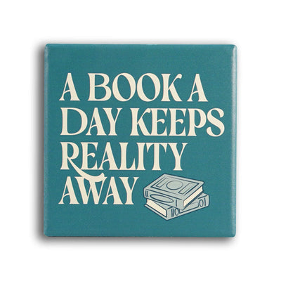 A Book A Day Keeps Reality Away Ceramic Coaster | Book Lover Gift | Literary Stoneware Drinks Coaster