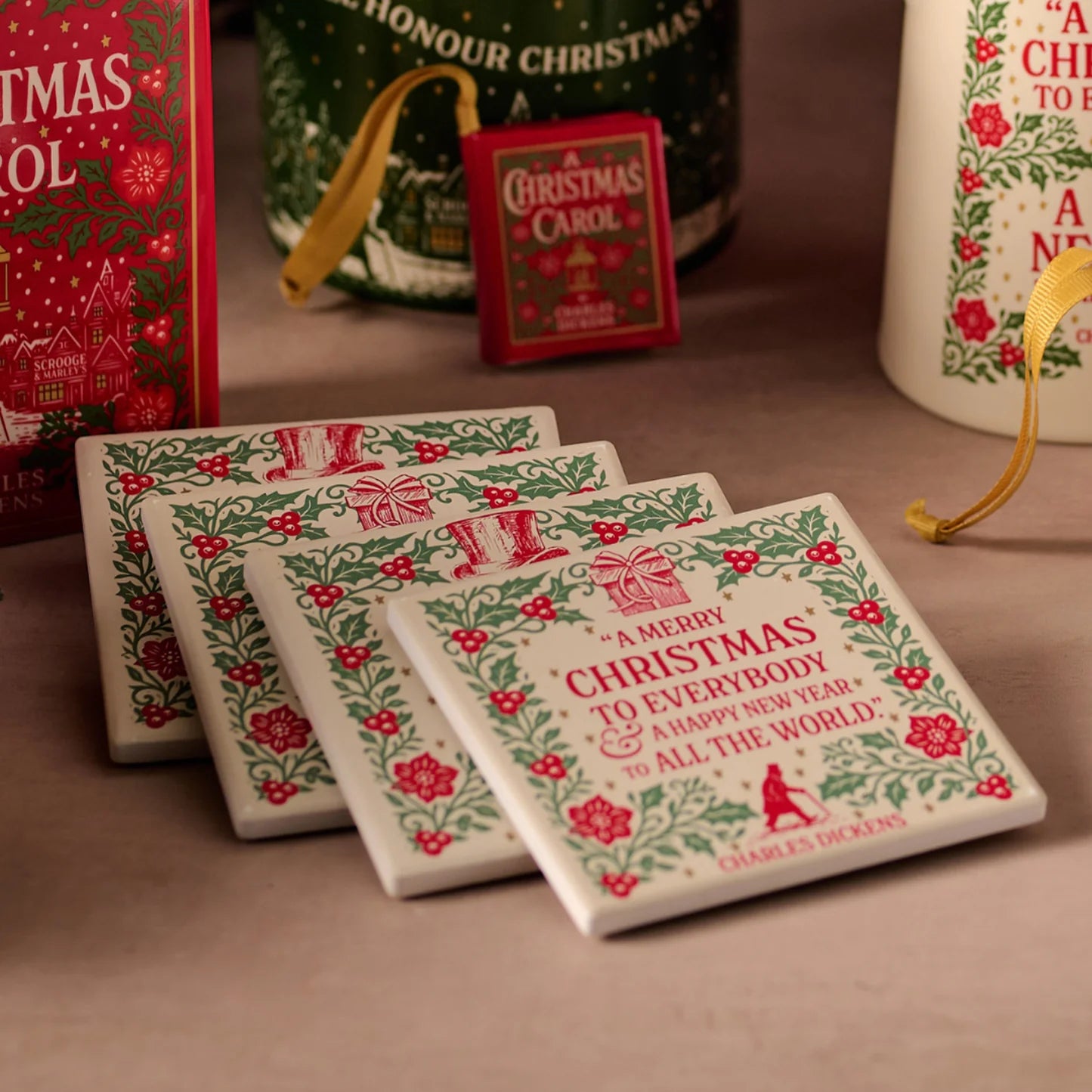 A Christmas Carol Coaster Set| Book Lover Gift | Literary Stoneware Drinks Coaster