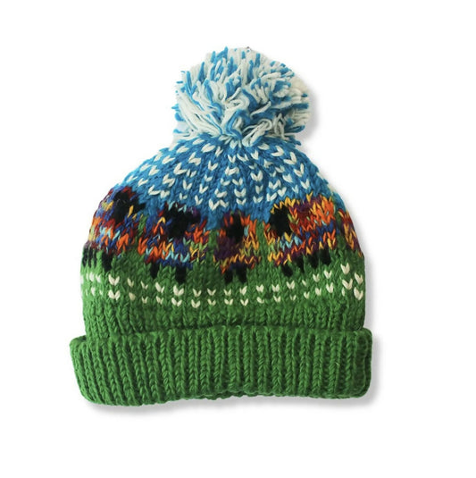 Unisex chunky knitted sheep bobble hat - rainbow