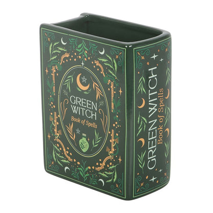 Book Vase: Green Witch Book Shaped Ceramic Vase – Grimoire Flower Vase for Gothic & Mystical Home Decor