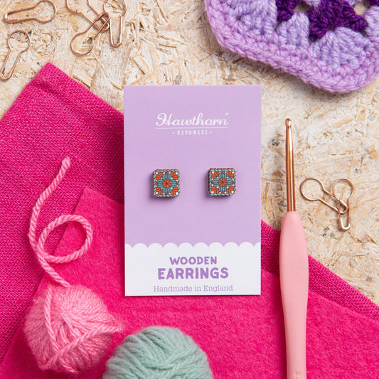 Granny Square Wooden Earrings - Crochet Gift