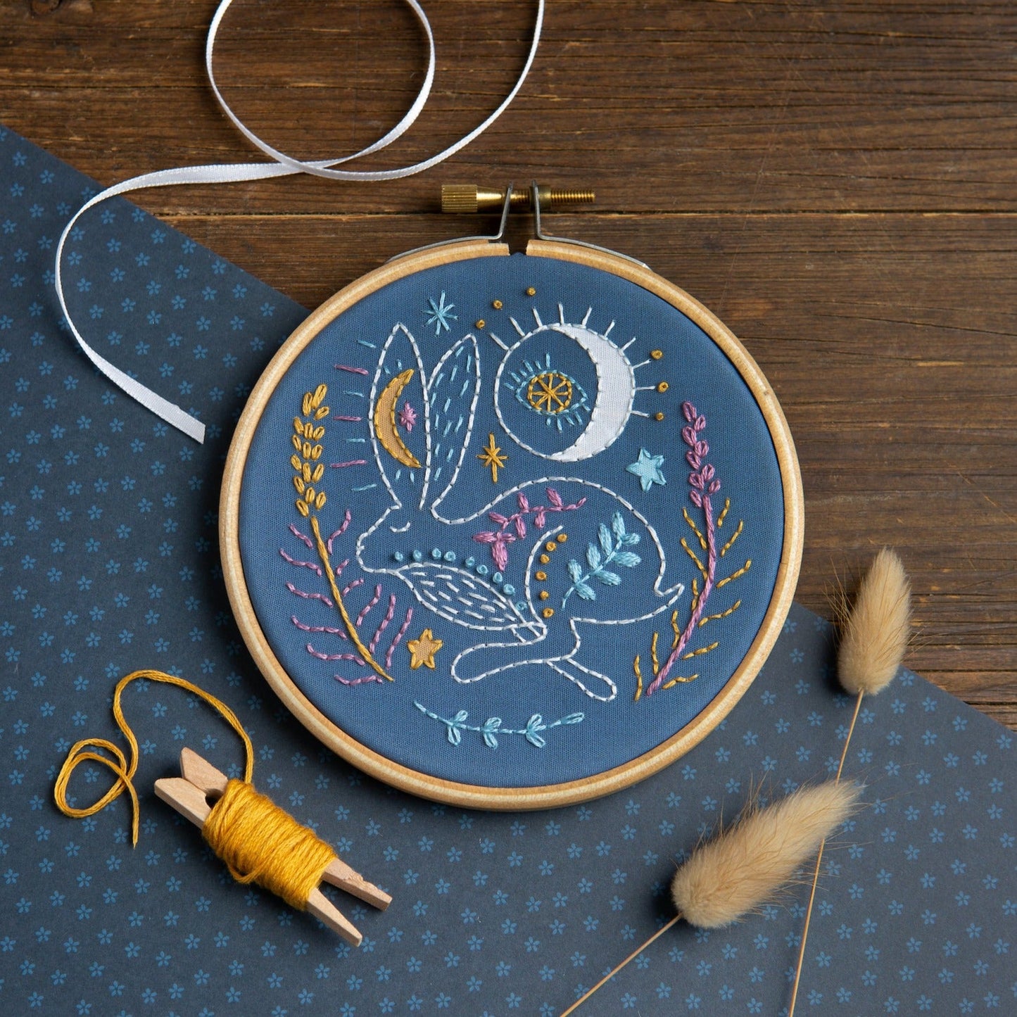 'Celestial Hare' Moon and Stars Mini Embroidery Kit for Beginners