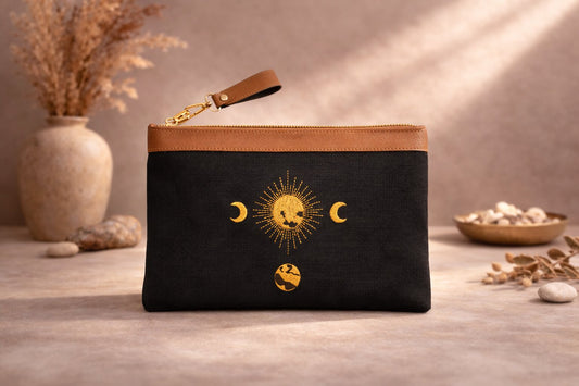 Celestial Sun & Moon Punch Needle Flat Clutch Black