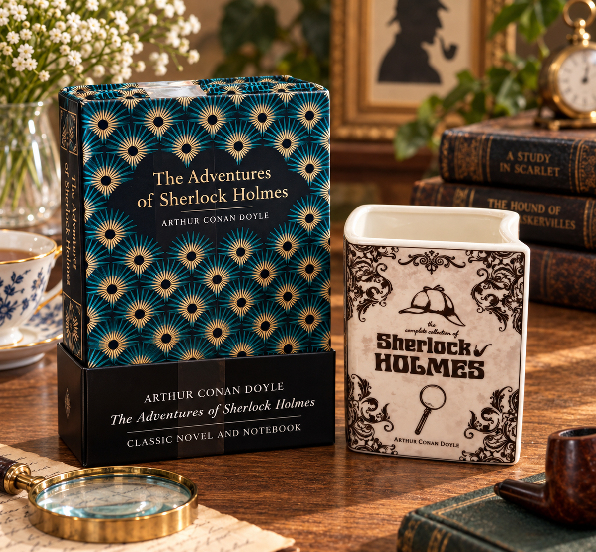 Sherlock Holmes Classic Novel & Notebook Gift Set | Includes Ceramic Book Vase