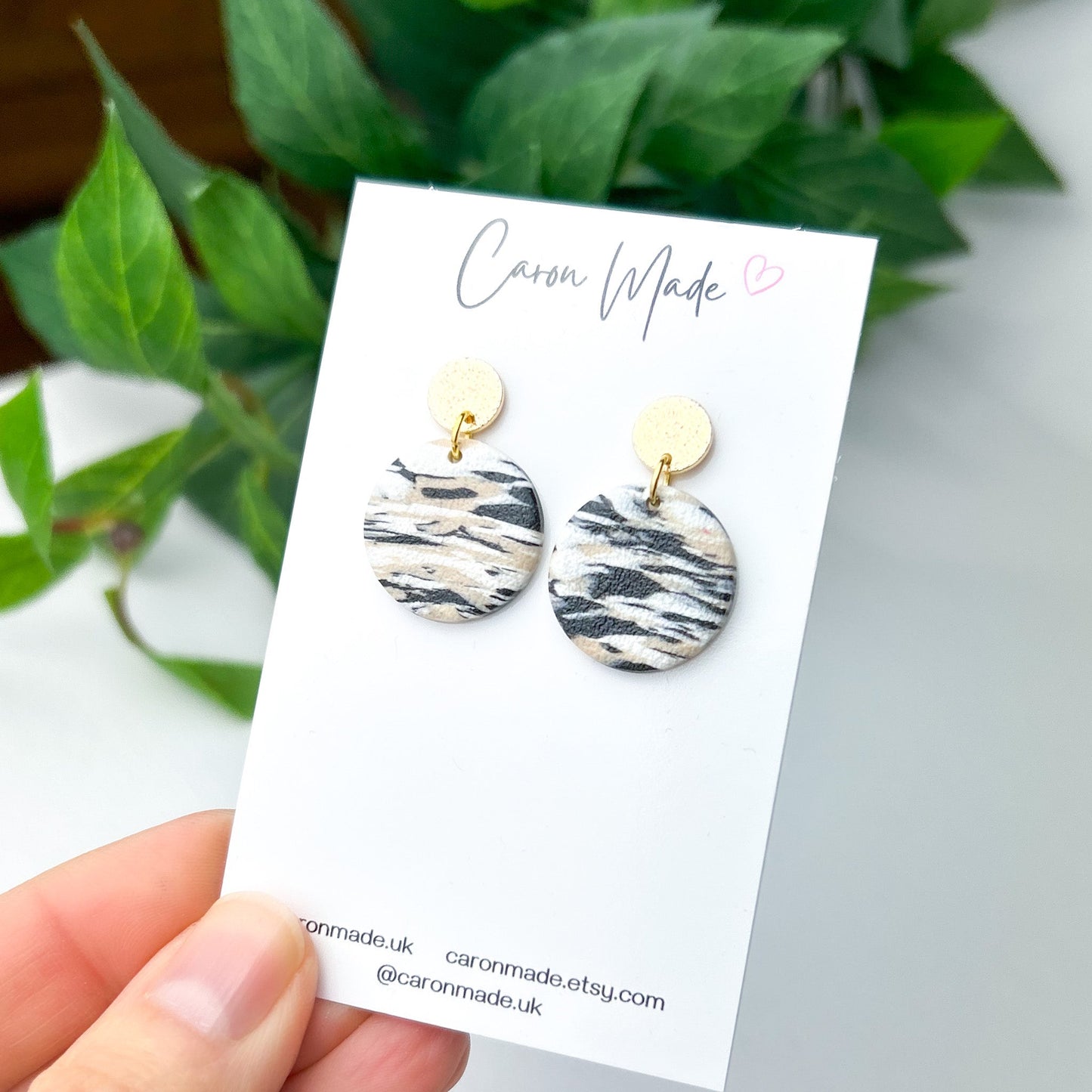 Black white and beige marbled small earrings