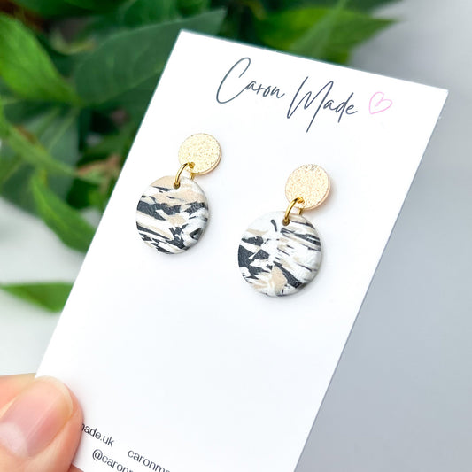 Black white and beige marbled small earrings