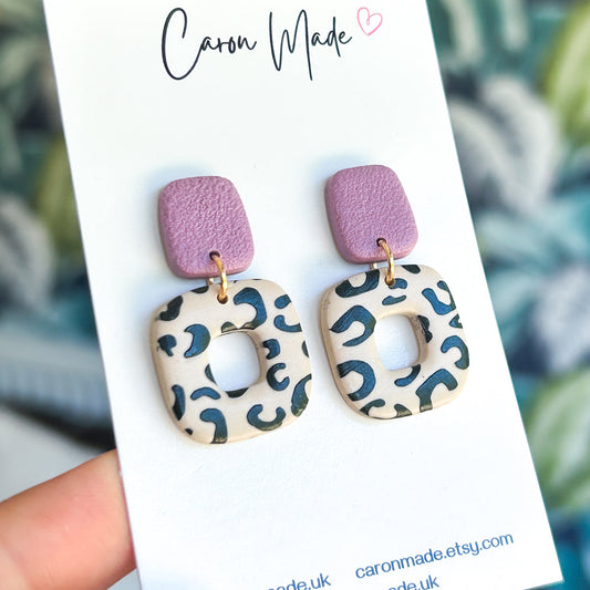 Animal print rounded square earrings mauve stud top