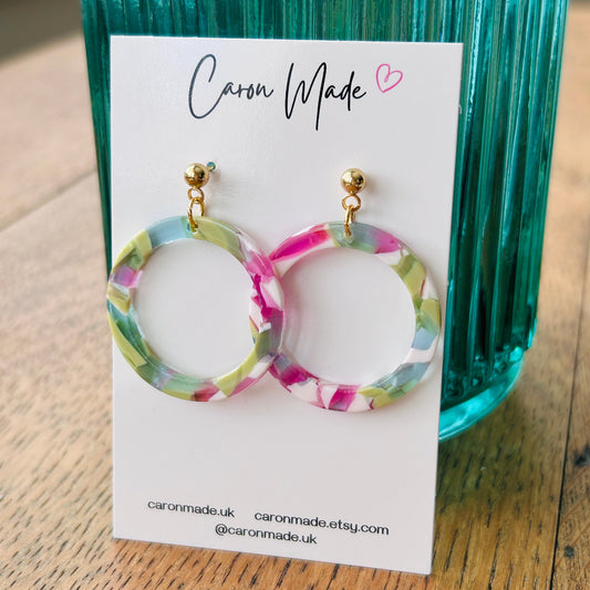 Pink and Green acrylic circle earrings