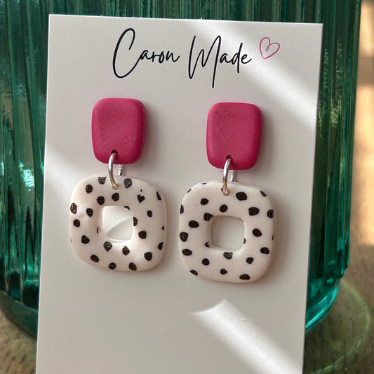 Pink and spotted rounded square earrings