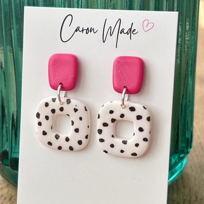 Pink and spotted rounded square earrings