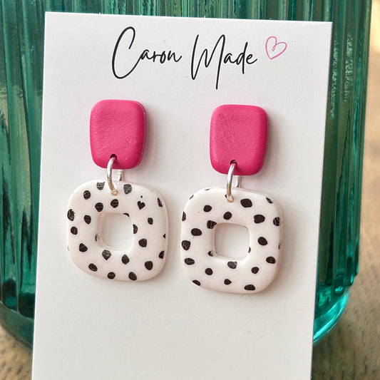 Pink and spotted rounded square earrings