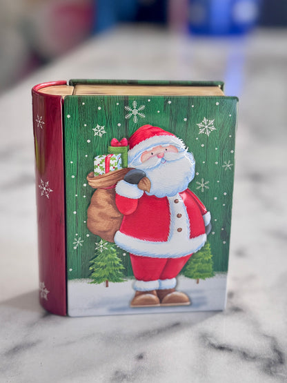 Traditional Christmas Book Tin – Decorative Festive Storage Santa with Presents – Green