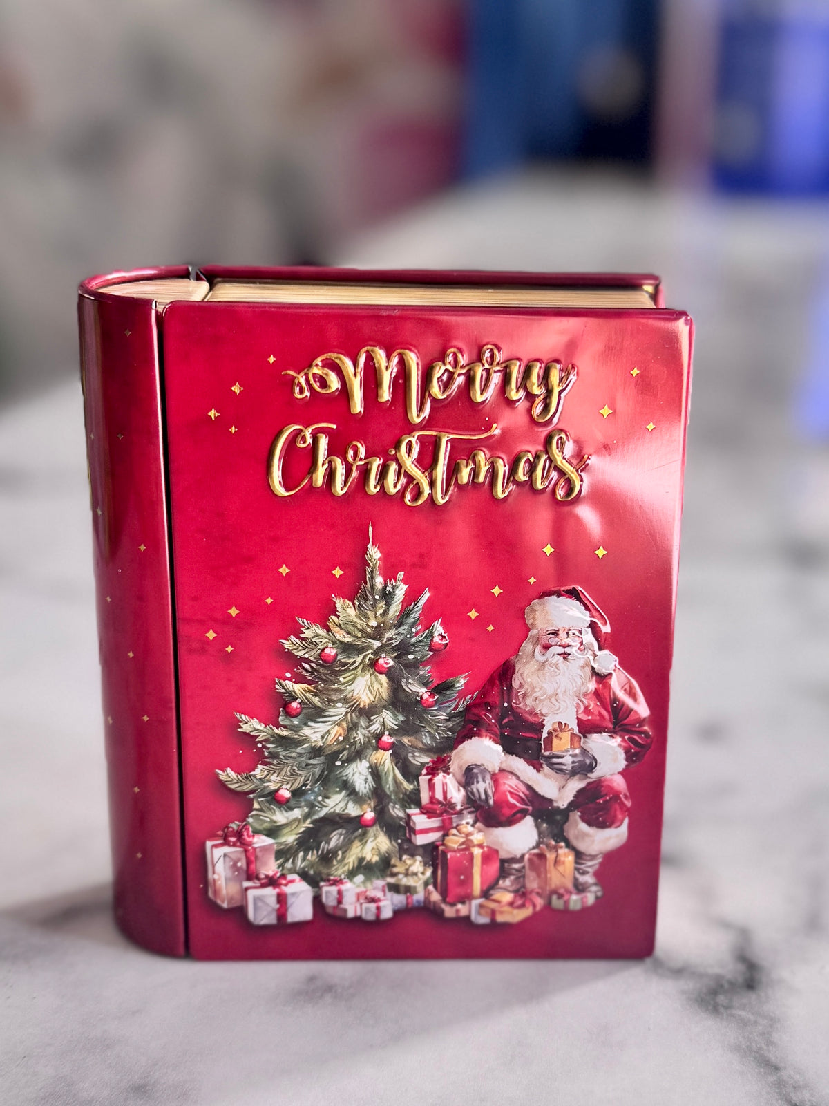 Traditional Christmas Book Tin – Decorative Festive Storage Santa & Christmas Tree – Red
