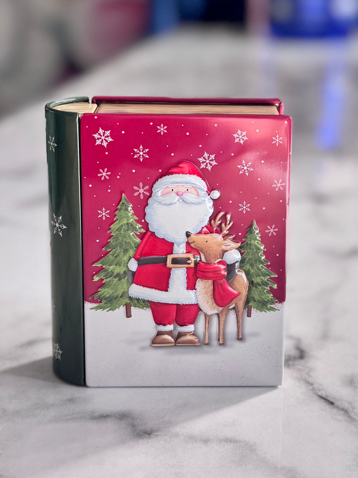 Traditional Christmas Book Tin – Decorative Festive Storage Santa & Reindeer – Red