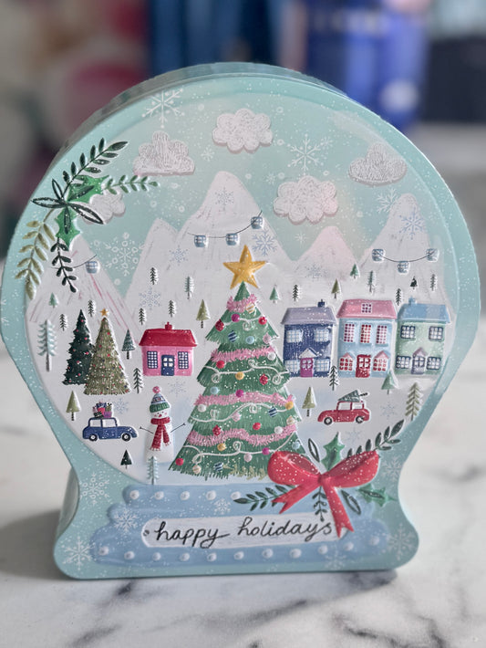 Christmas Snow Globe Tin – Festive Gift & Storage Tin Winter Village – Pale Blue
