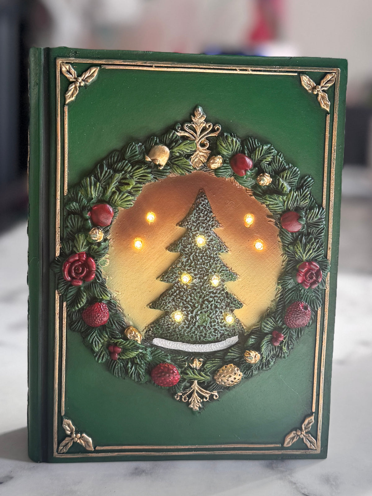 LED Light Up Christmas Book Green & Gold with Timer