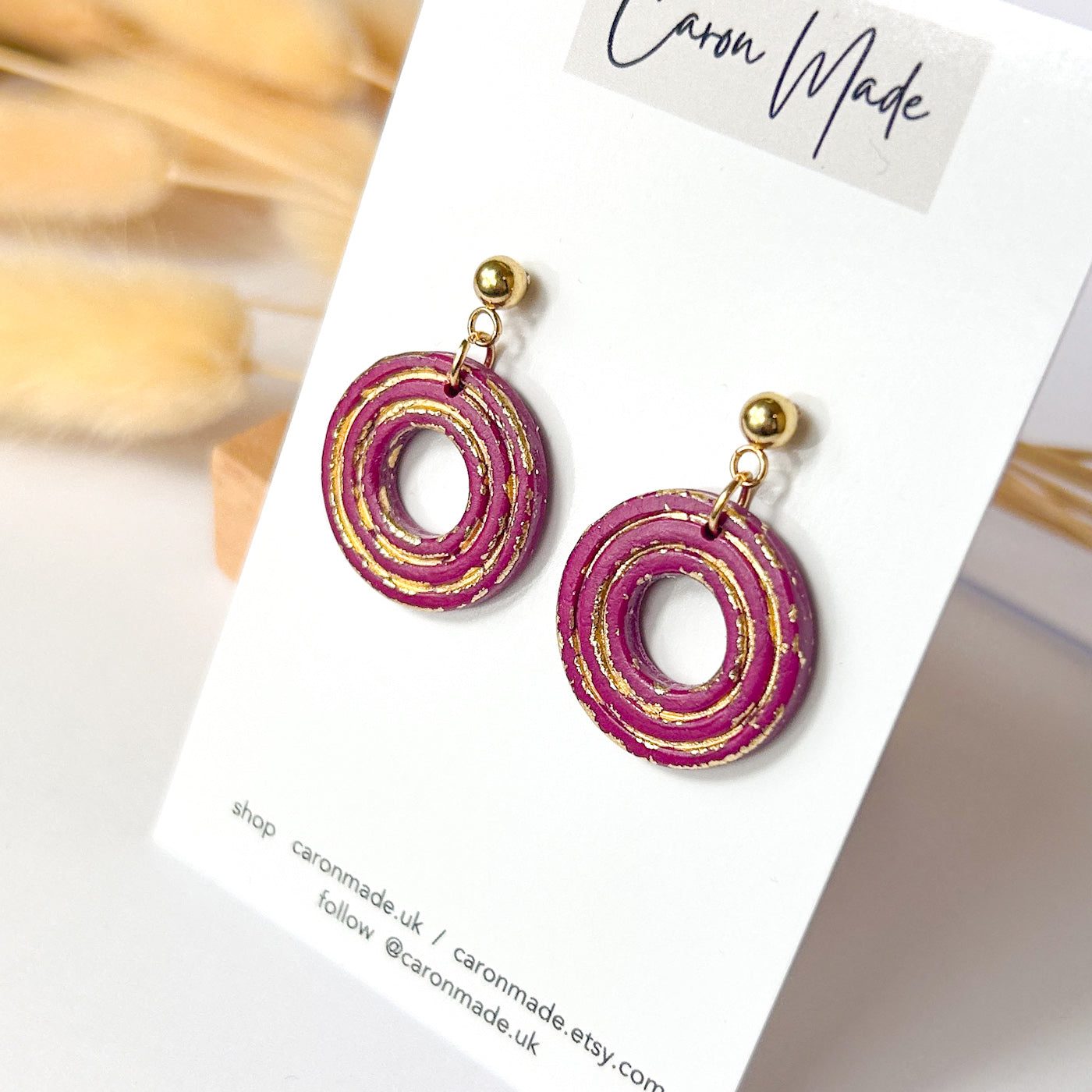 Burgundy and gold round earrings