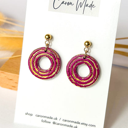 Burgundy and gold round earrings
