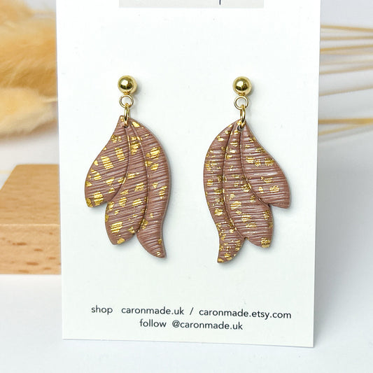 Light brown and gold textured floral earrings
