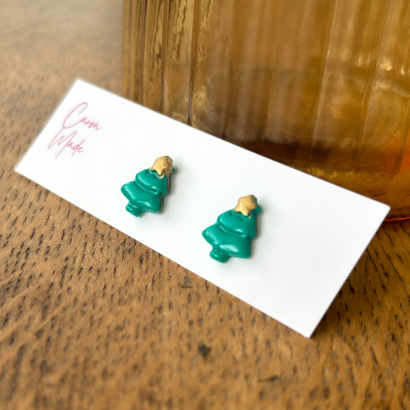 Christmas tree stud earrings, green & gold, hypoallergenic steel posts