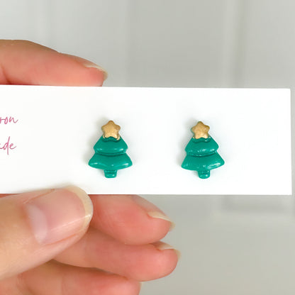 Christmas tree stud earrings, green & gold, hypoallergenic steel posts