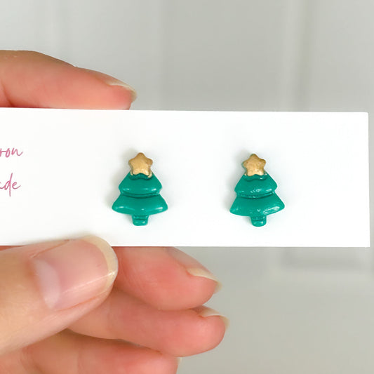 Christmas tree stud earrings, green & gold, hypoallergenic steel posts