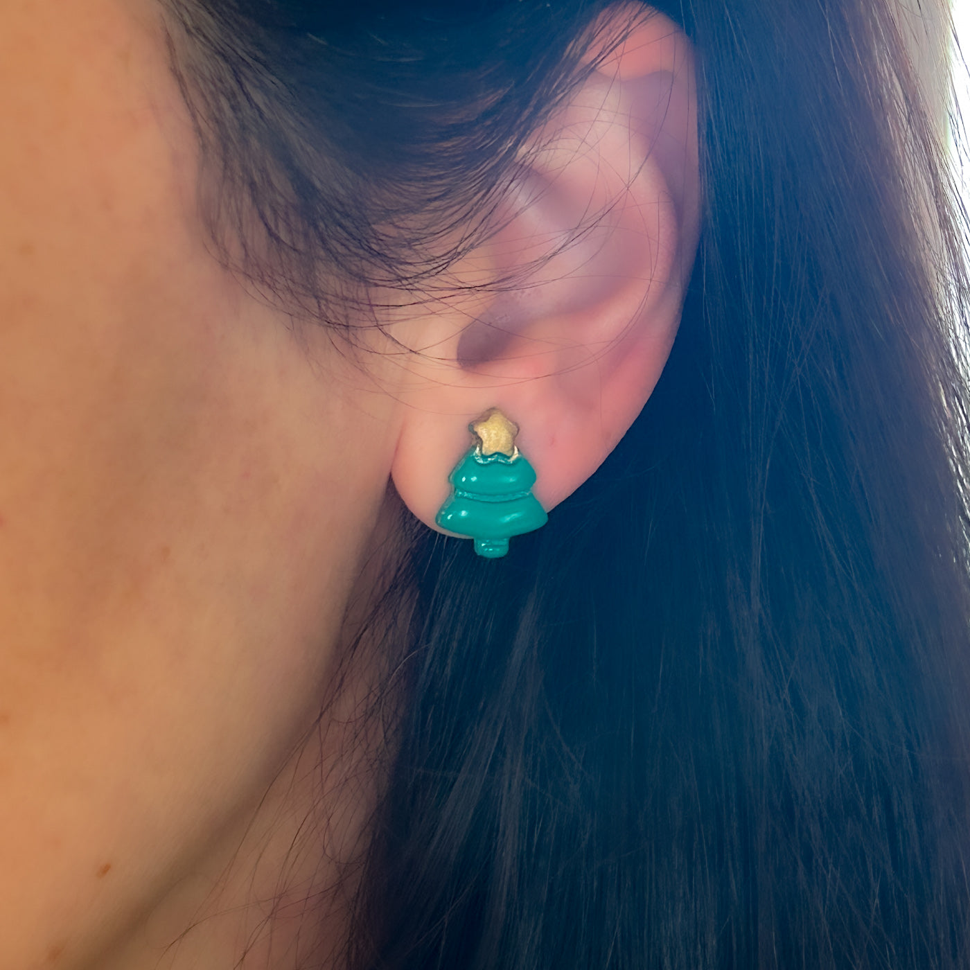 Christmas tree stud earrings, green & gold, hypoallergenic steel posts