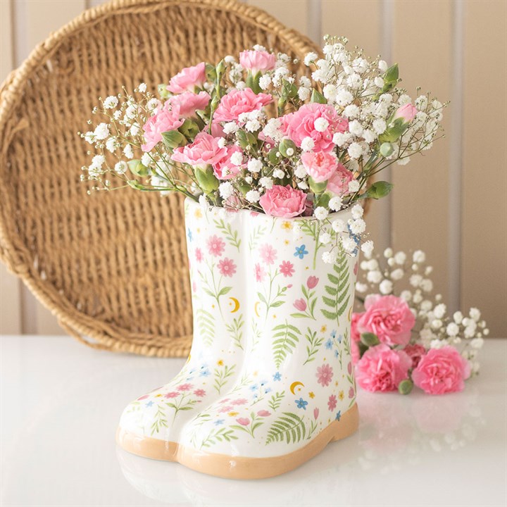 Welly Boot Planter –Luna Bloom Floral Ceramic Flower Pot