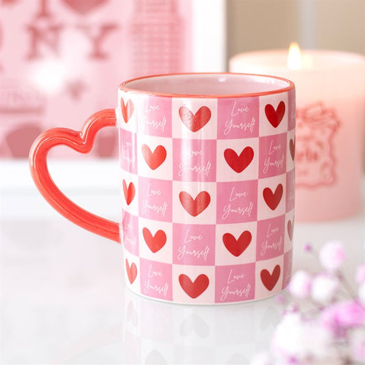 Love Yourself Checkered Mug with Heart Handle – Self Love Ceramic Mug Gift