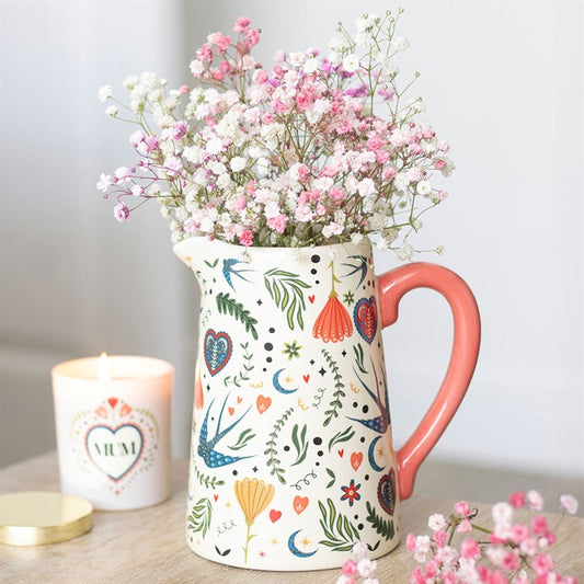 Flower Jug: Cream Folk Floral Ceramic Flower Jug – Rustic Vase for Fresh & Dried Flowers