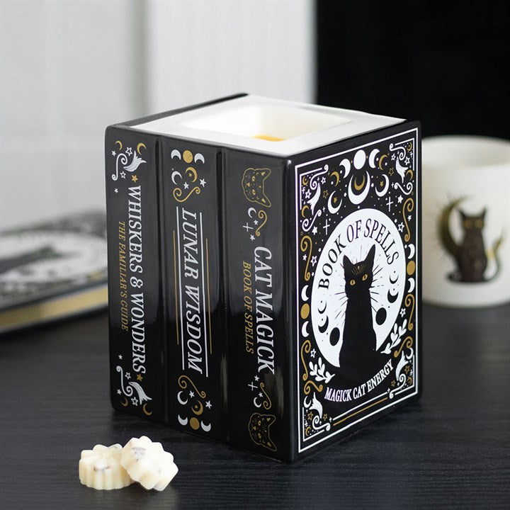 Book of Spells Cat Oil Burner | Witchy Book Stack Wax Warmer