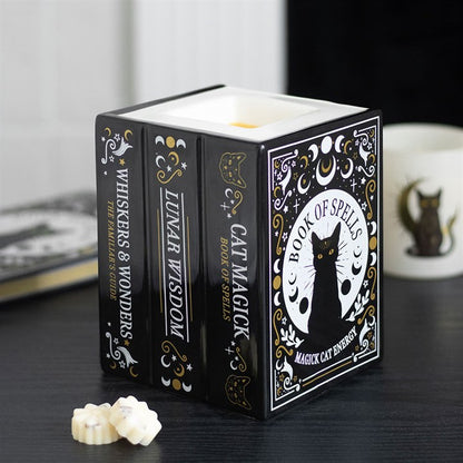Book of Spells Cat Oil Burner | Witchy Book Stack Wax Warmer