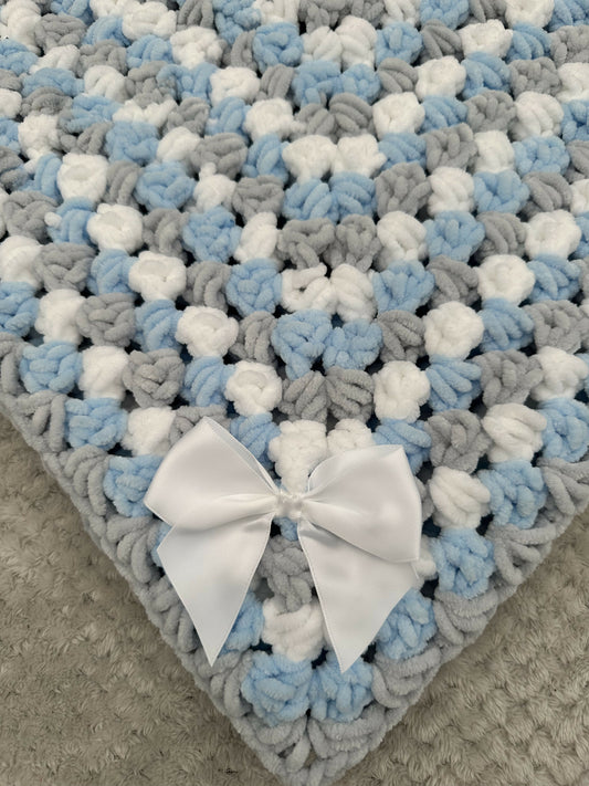 Handmade light blue, silver & white chunky baby pram blanket