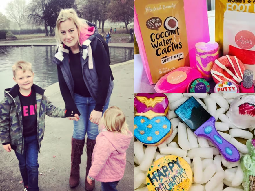 Woman with two children outdoors by a lake, with product images on the right.