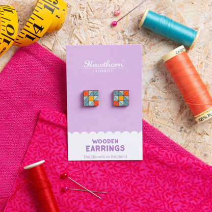 Quilt Block Wooden Earrings - Quilting Gift