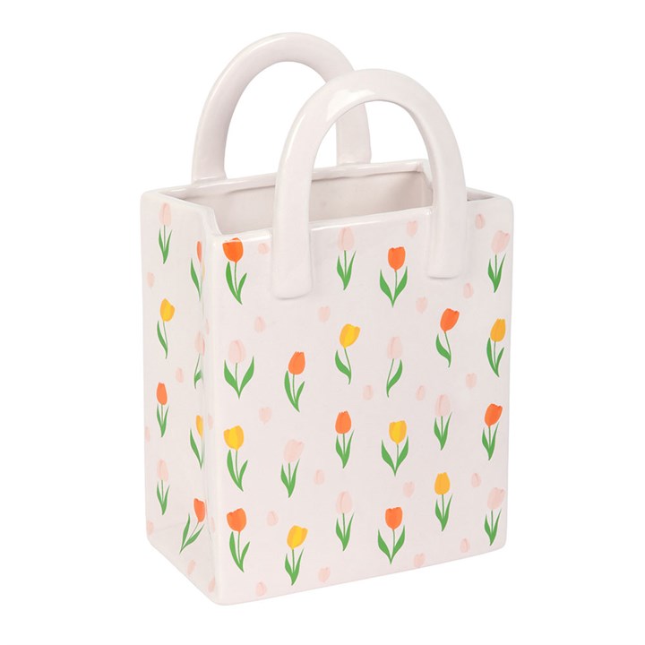 Tulip Print Ceramic Bag-Shaped Vase – Cute Spring Flower Bag Vase