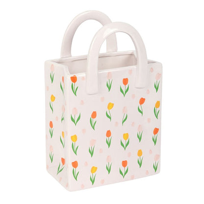 Tulip Print Ceramic Bag-Shaped Vase – Cute Spring Flower Bag Vase