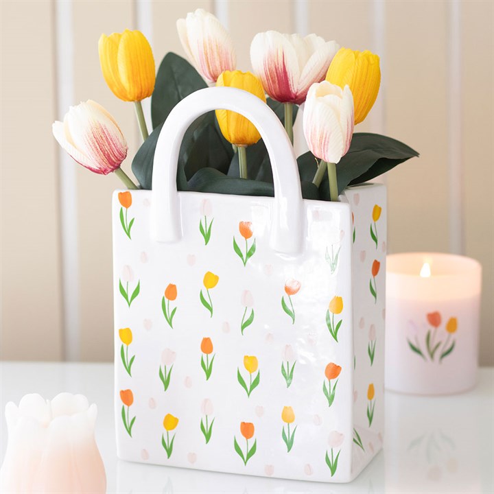 Tulip Print Ceramic Bag-Shaped Vase – Cute Spring Flower Bag Vase