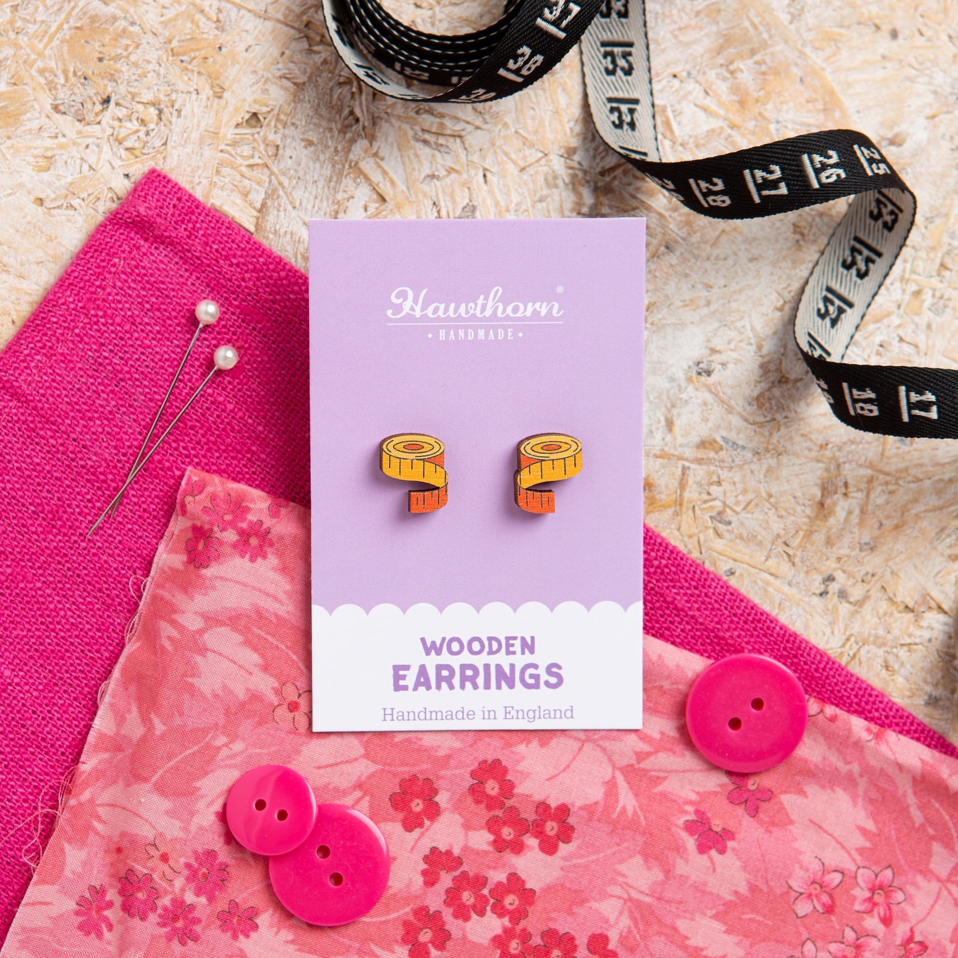 Tape Measure Wooden Earrings - Sewing Gift