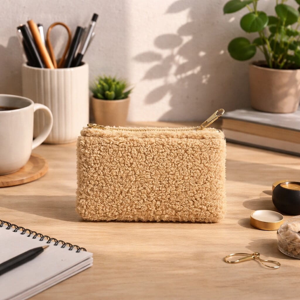 Handmade Teddy Pouch – Plush Makeup & Travel Bag Beige